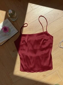 Comfortcana 女士酒红色缎面露背系带吊带背心 - 酒紅色 - 查看 5