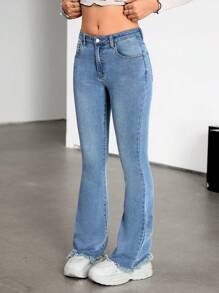 SHEIN 适合少女的复古蓝色牛仔喇叭裤 - 深色水洗藍 - 查看 5