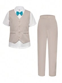 SHEIN Conjunto de Terno Cavalheiro de 3 Peças para Meninos Pré-Adolescentes, Composto por Camisa de Manga Curta de Cor Sólida com Corte Simples, Colete em V e Calças