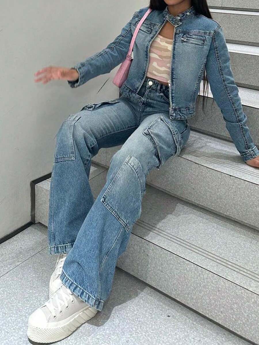 Ladies' Side-Zip Multi-Pocket Straight-Fit Work Pants With An American Street Style Mid-Rise. They Fit Well, Are Comfortable, And Versatile. The Solid Color Design Is Simple And Suitable For Daily Wear, Featuring A Light-Wash Blue Denim Work Pant. - Rửa nhẹ - Xem 1