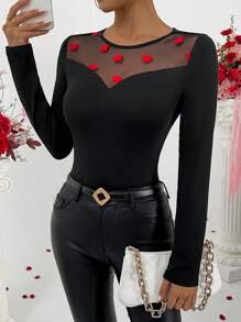 Calvaya Camiseta de manga larga con cuello redondo, ajustada, para mujer, con panel de malla en contraste en forma de corazón