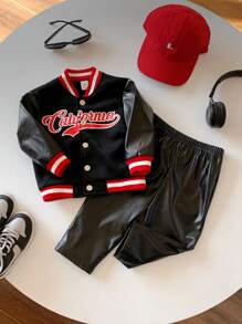 SHEIN Baby/Toddler Kids 2pcs Set - Contrast Color Letter Print PU Baseball Jacket & Elastic Waist Pants, Suitable For Home, Outdoor, Sports, Autumn/Winter - Black - View 6
