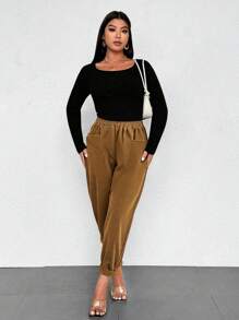 Maweii 大码女式纯色松紧腰口袋直腿灯芯绒裤