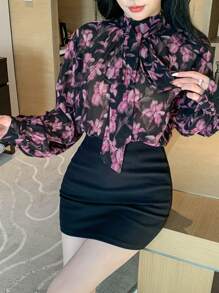 DAZY 女士印花长袖宽松系领衬衫上衣，适合春夏度假及秋季穿着。 - 黑色 - 查看 3