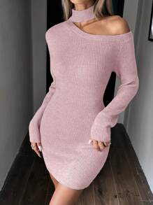 SHEIN Clasi Vestido de suéter de punto de manga larga con cuello alto y hombros descubiertos para mujer - Púrpura polvoriento - Ver 5