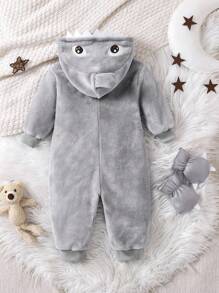 2pcs Infant-Toddler Boys' Two-Tone Flannel Monster Paw Print Hooded Long Sleeve Footed Jumpsuit With Gloves, Sleepwear Set