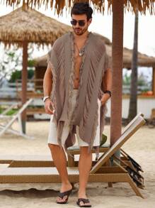 Manfinity RSRT Men's Solid Color Cardigan With Long Sleeves & Tassels, Minimalist Style, Casual For Everyday Wear - Coffee Brown - View 3