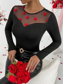 Calvaya Camiseta de manga larga con cuello redondo, ajustada, para mujer, con panel de malla en contraste en forma de corazón