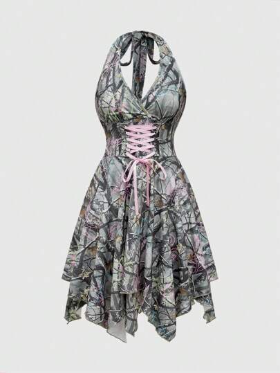 Camouflage & Scribble Print Asymmetrical Hem Mid-Length Dress