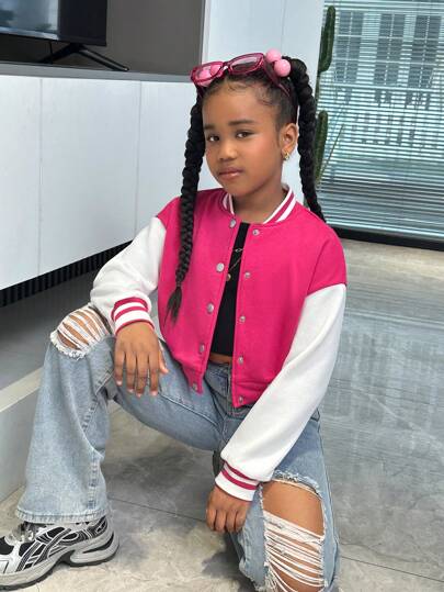 SHEIN Leap Crew Tween Girls Sporty Casual Color Block Long Sleeve Knit Jacket,In Fall/Winter