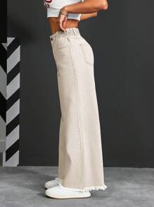 SHEIN PETITE Quần Jeans Nữ Dáng Ôm Thường Ngày Màu Trơn, Mặc Hàng Ngày - Màu be - Xem 4