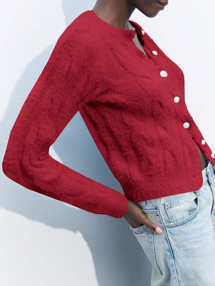 SHEIN Maija Faux Mink Fur & Cashmere Plain Color Casual Chic Red Cardigan For Everyday