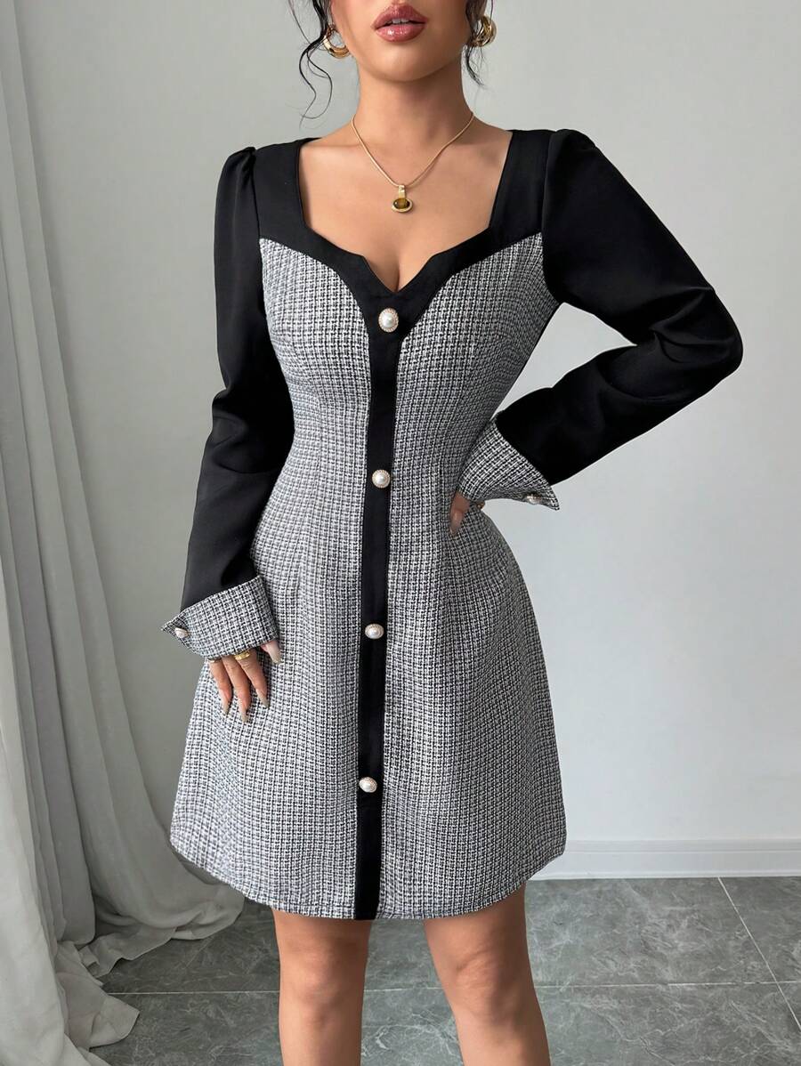 SHEIN Frenchy Women's Solid Color Patchwork Front Button Long Sleeve Minimalist Short Dress Winter Elegant Black Evening Dress Plaid - Black - View 1