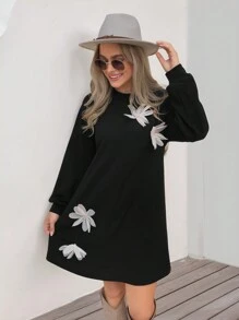SHEIN LUNE Women's Black Sweatshirt Dress With 3D Floral Embellishments
