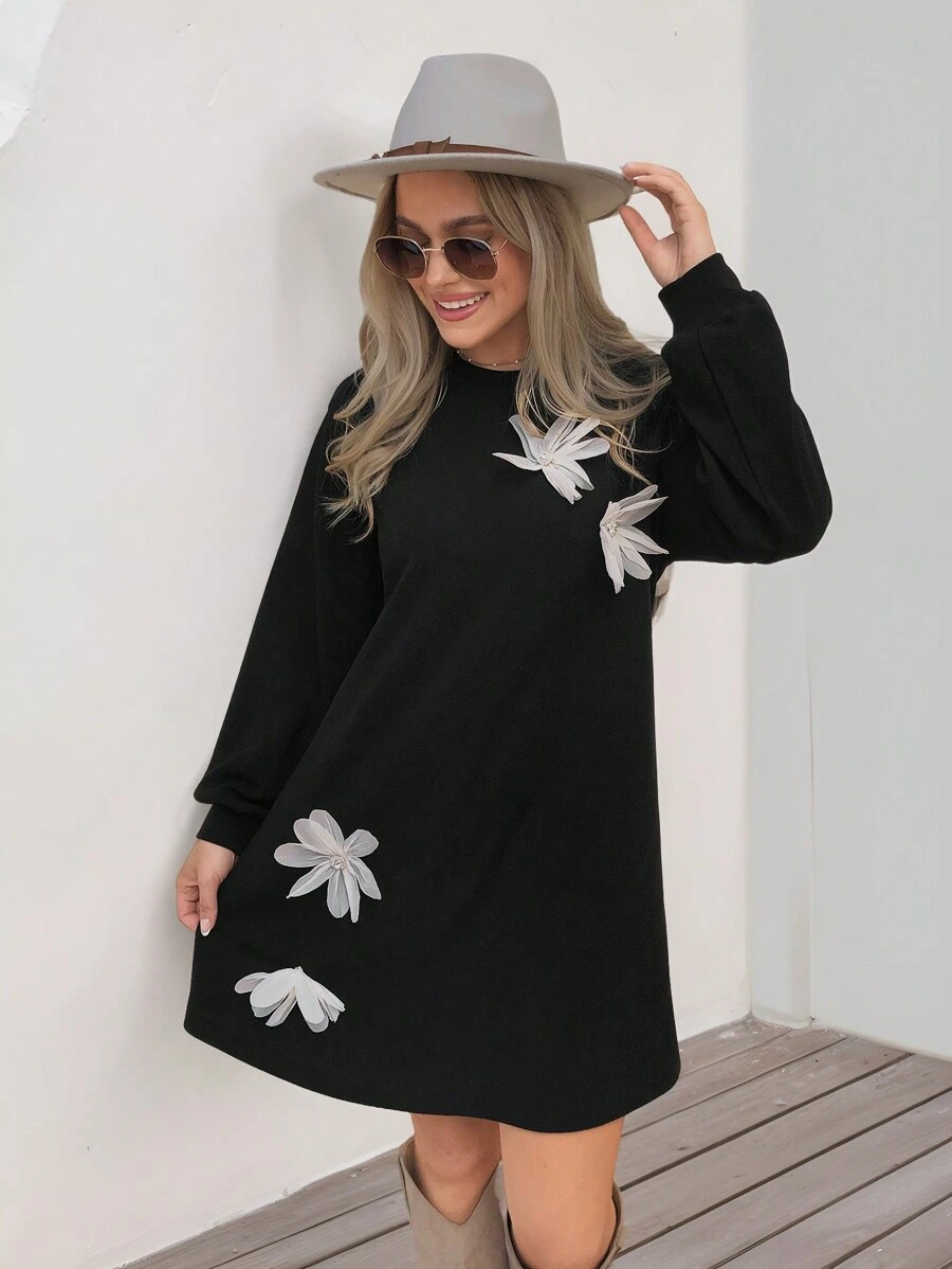 SHEIN LUNE Women's Black Sweatshirt Dress With 3D Floral Embellishments