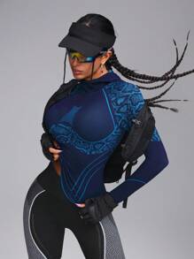 Innovista Seamless 3D Sculpting And Snake Texture Sports Outdoor Sweatshirts, Middle Support Racerback Sweatshirt , Hiking, Camping, Run, Workout, Gym Daily, Fall Sweatshirts, Going Out Tops, Workout Tops, Long Sleeves Sweatshirts, Fall Woman Outfits, Outdoor, Skiing Sweatshirts, Fall Winter Women Outfit, Core Motion Fall New Style Women Utilitarian Chic, Striped Design - Blue - View 3