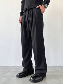 Manfinity Mode 男士纯色前系带口袋休闲裤，简约日常穿着，灯芯绒 - 黑色 - 查看 1