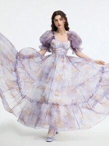 SHEIN MOD Fioletowa, kwiatowa, wielowarstwowa, długa sukienka z falbanką, sukienka imprezowa, sukienka na studniówkę, elegancka sukienka na święta, damska odzież rekreacyjna, damska sukienka urodzinowa, damski garnitur, damska odzież plażowa, strój na walentynki, stroje plażowe dla kobiet, karnawał, sukienka dla gościa weselnego, strój na koncert, Fairycore - Fioletowy - Zobacz 6