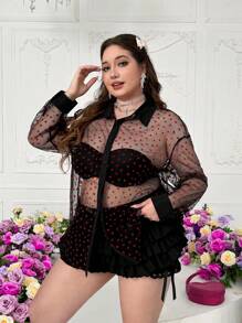 SHEIN MOOSTA 大码女式黑色网眼透视心形浪漫性感衬衫，情人节 - 黑色 - 查看 4