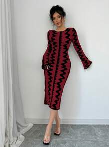 Elenzga Đầm ôm body dệt kim Jacquard đơn giản, cổ tròn, tay dài cho nữ - Màu Đỏ Sâu - Xem 6