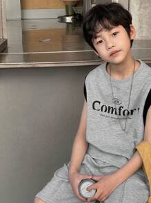 DAZY 2pcs Tween Boys Solid Color Patched Round Neck Letter Print Simple Top And Pants Set,Back To School Clothes