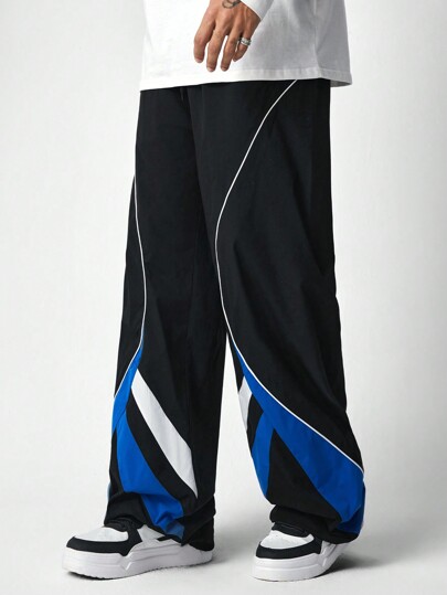 Men's Loose Fit Color Block Wide Leg Casual Sweatpants, Suitable For Spring And Autumn