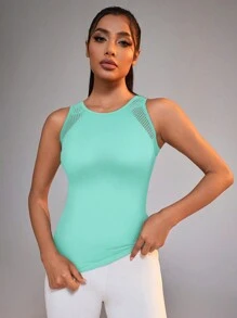 Powerista 女士纯色圆领无袖镂空简约运动 T 恤和吊带背心 - 薄荷綠 - 查看 5