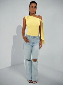 SHEIN BAE Elegant Women Asymmetric Neck Tie Strap Blouse, Suitable For Daily Dating, Outing, Nightclub, Party Occasions, Autumn