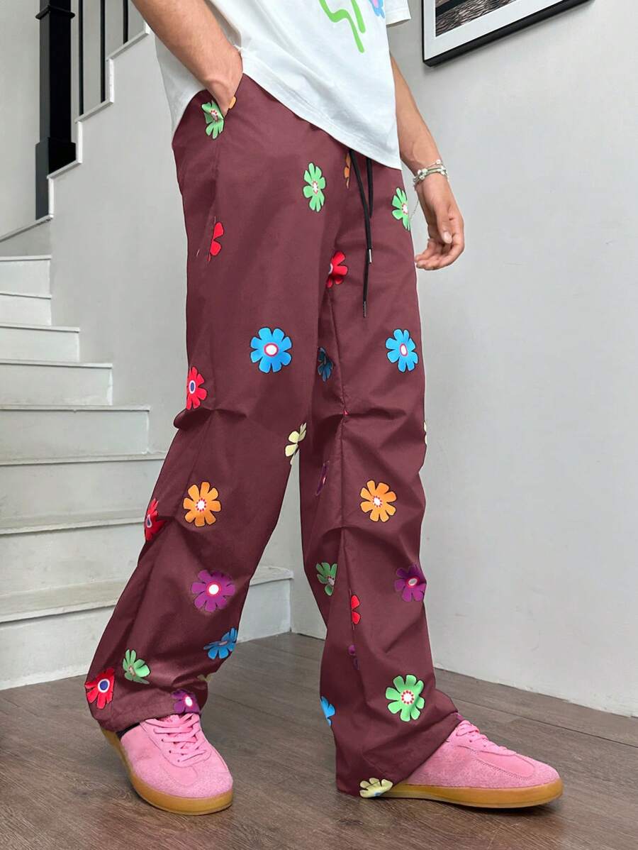 SWAVVY 1 件装 男士 Y2K 服装趣味休闲宽松时尚高街复古风格编织万圣节黑色图案裤子返校秋装