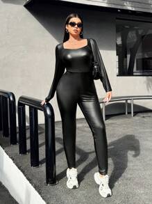 SHEIN EZwear Plus Size Solid Color Minimalist Long Sleeve Jumpsuit, Casual Everyday Wear