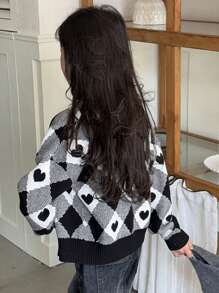 DAZY Tween Girl Drop Shoulder Long Sleeve Color Block Heart Pattern Plaid Cardigan,Back To School Clothes