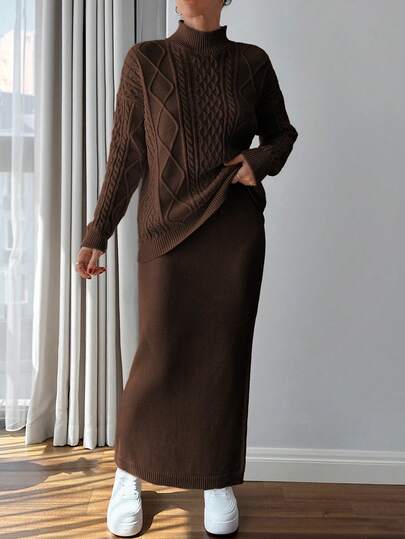 EURMUSE Women Casual Minimalist Turtleneck Sweater And Sweater Skirt Set, Autumn/Winter,Petite Co Ord,Co Ord,Petite