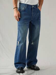 Manfinity Hypemode Jeans rectos casuales holgados de color azul oscuro para hombre - Azul lavado oscuro - Ver 6