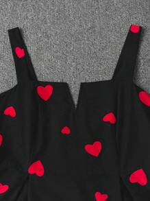 Franclia Women's Wide Strap Full Heart Print Valentine's Day Vacation Date Elegant And Cute V-Neck Waist A-Hem Simple Casual 2025 New Long Dress - Black - View 6