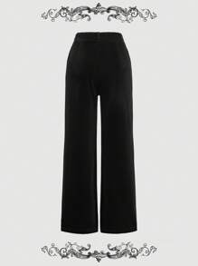 SHEIN MOD 丝绒单口袋复古宫廷风直腿红裤 - 黑色 - 查看 2