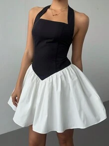 Aloruh Black & White Contrast Color Halter Party Short Dress, Elegant For Women, For Graduation
