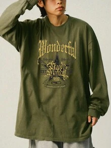 DAZY Men's Large Letter Print Green Long Sleeve T-Shirt,Fall Clothes - Green - View 3