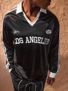 Forever 21 Men's Vintage Style Colorblock Print Polo Collar Long Sleeve Jersey - Black - View 3