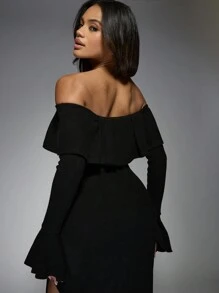 MISSGUIDED 露肩荷叶边长款晚礼服正式及地喇叭袖开叉长礼服婚礼宾客派对优雅特殊场合 - 黑色 - 查看 4