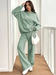 SHEIN EZwear 薄荷绿色 2 件套女士休闲保暖连帽衫和运动裤，秋冬 - 薄荷綠 - 查看 5