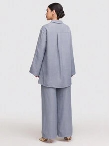 Veilorie 2pcs Women's Solid Color Front Button Up Long Sleeve Casual Top And Long Pants Set Modest - Blue - View 6