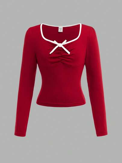 Holiday,Summer,TravelTween Girl Long Sleeve T-Shirt, Casual All-Match Versatile Elegant Short Bowknot Colorblock Design, Suitable For Outdoor And School Wear, Suitable For Spring, Summer And Autumn