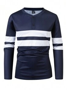 Calvornis Plus Size Men's Striped Button Half Placket Long Sleeve Casual T-Shirt, Autumn - Multicolor - View 1