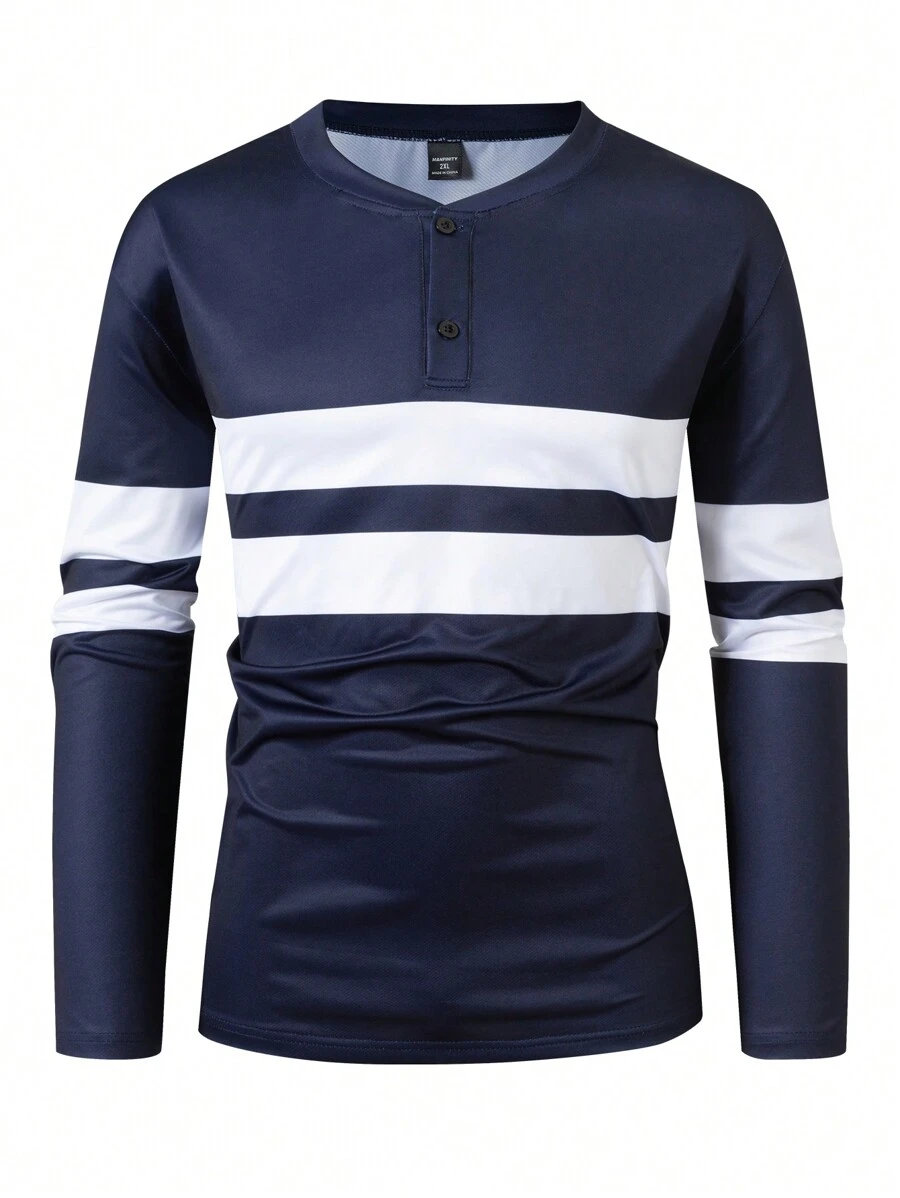 Calvornis Plus Size Men's Striped Button Half Placket Long Sleeve Casual T-Shirt, Autumn - Multicolor - View 1