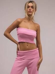 MUSERA Ribbed Knit Fold Over Bandeau Sweater Y2k Spring Casual Cute 90's Sun Summer - Pink - View 4