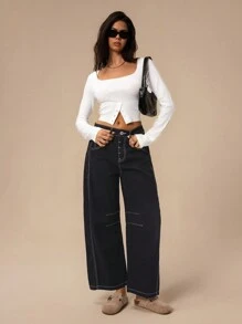 Forever 21 春季新款女式低腰洗水修身七分牛仔裤 - 黑色 - 查看 6