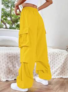 SHEIN EZwear Dopamine Pink Flap Pocket Side Drawstring Waist Cargo Pants - Yellow - View 2
