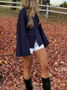 INAWLY Women's Solid Color Button Front Long Sleeve Casual Blouse, Daily Wear - Navy Blue - View 6