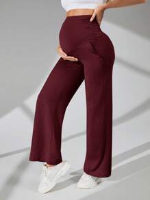 SHEIN Maternity Solid Color High Waist Side Pleat Loose Straight Leg Sweatpants - Burgundy - View 1