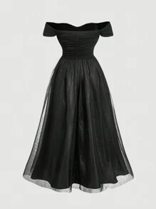 SHEIN MOD Vestito midi nero in rete arricciato con spalle scoperte per taglie forti - nero - Visualizzare 2